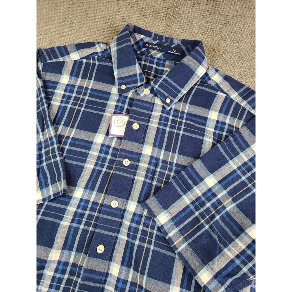 *NWT* B Draddy Shirt Mens (M) Blue Plaid Paget Popover Button Down Short Sleeve